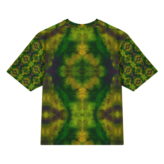 Back view of Purely Jade Light Cotton OverSized T-Shirt with deep green central jade plume, gold clouded edges, and patterned sleeve panels by RJSTH.