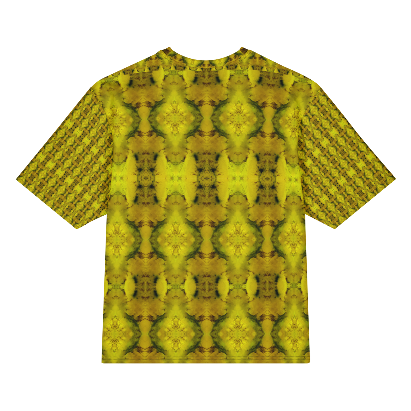 Back view of Purely Jade Light Cotton OverSized T-Shirt with yellow-gold mirrored jade blooms, green veining, and patterned sleeve panels by RJSTH.