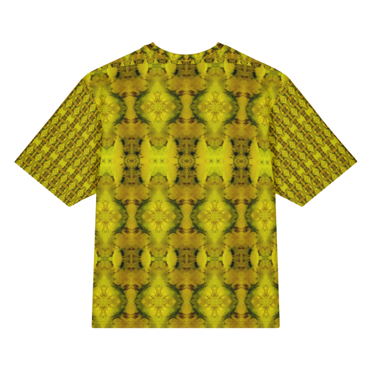 Back view of Purely Jade Light Cotton OverSized T-Shirt with yellow-gold mirrored jade blooms, green veining, and patterned sleeve panels by RJSTH.