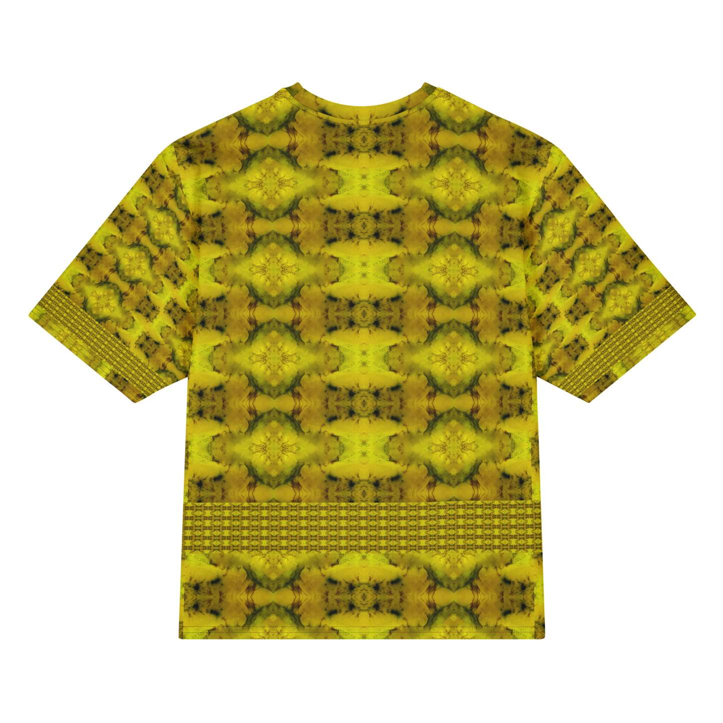 Back view of Purely Jade Light Cotton OverSized T-Shirt with gold-dominant yellow field, soft floral medallion rows, and lower lattice band and patterned sleeve panels by RJSTH.