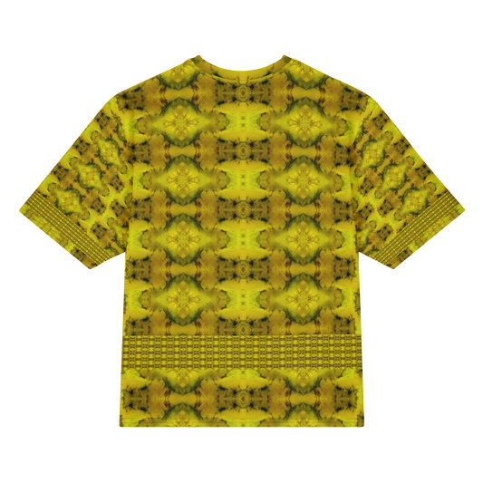 Back view of Purely Jade Light Cotton OverSized T-Shirt with gold-dominant yellow field, soft floral medallion rows, and lower lattice band and patterned sleeve panels by RJSTH.