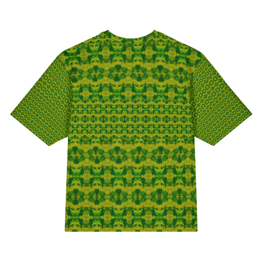 Back view of Purely Jade Light Cotton OverSized T-Shirt with green-yellow medallion grid and small horizontal lower band and patterned sleeve panels by RJSTH.