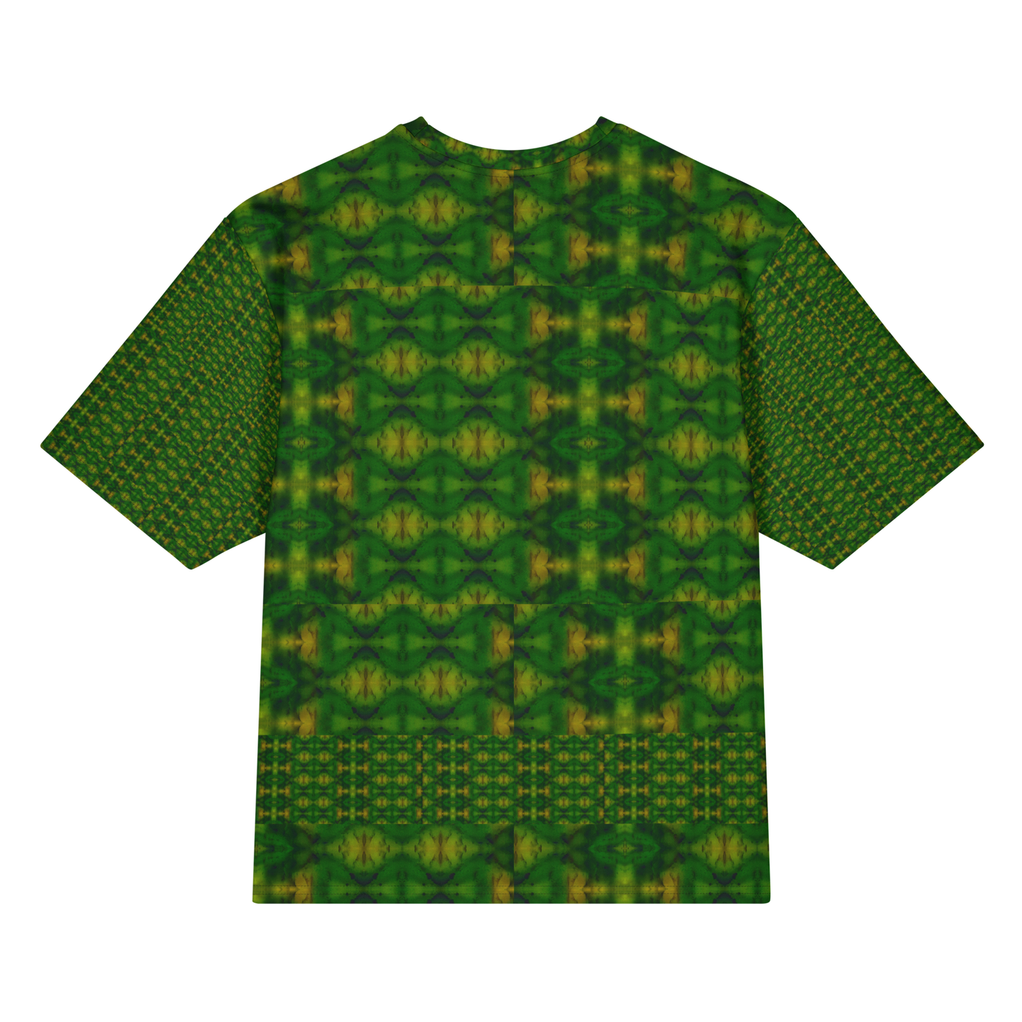 Back view of Purely Jade Light Cotton OverSized T-Shirt with dark green lattice medallion field and lower horizontal band and patterned sleeve panels by RJSTH.