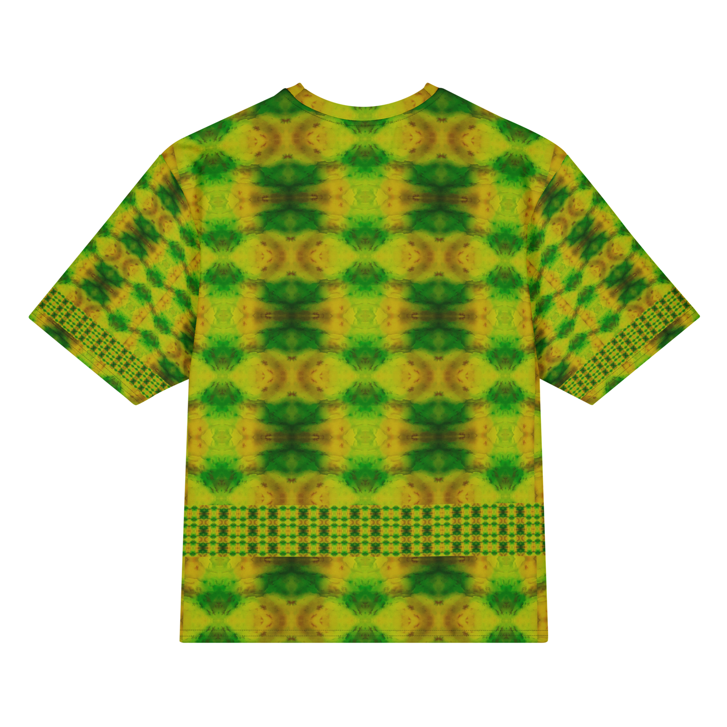 Back view of Purely Jade Light Cotton OverSized T-Shirt with green-yellow soft field, repeating circular medallion rows, and horizontal lower lattice band and patterned sleeve panels by RJSTH.