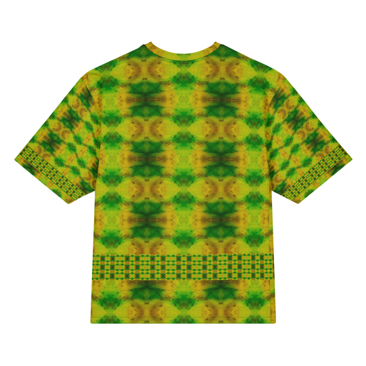Back view of Purely Jade Light Cotton OverSized T-Shirt with green-yellow soft field, repeating circular medallion rows, and horizontal lower lattice band and patterned sleeve panels by RJSTH.