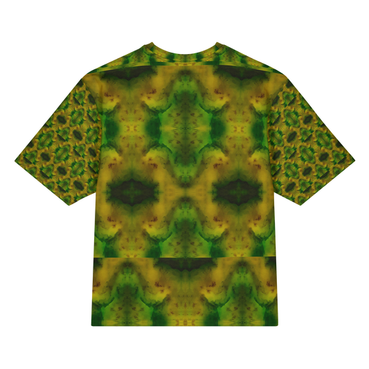 Back view of Purely Jade Light Cotton OverSized T-Shirt with green-yellow clouded jade field and large dark green medallion chamber shapes and patterned sleeve panels by RJSTH.