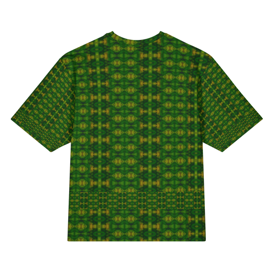 Back view of Purely Jade Light Cotton OverSized T-Shirt with green-dominant small boxed lattice, medallion repeat, and lower band and patterned sleeve panels by RJSTH.