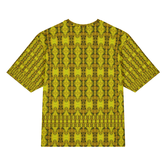 Back view of Purely Jade Light Cotton OverSized T-Shirt with gold-green vertical medallion lattice columns and patterned sleeve panels by RJSTH.