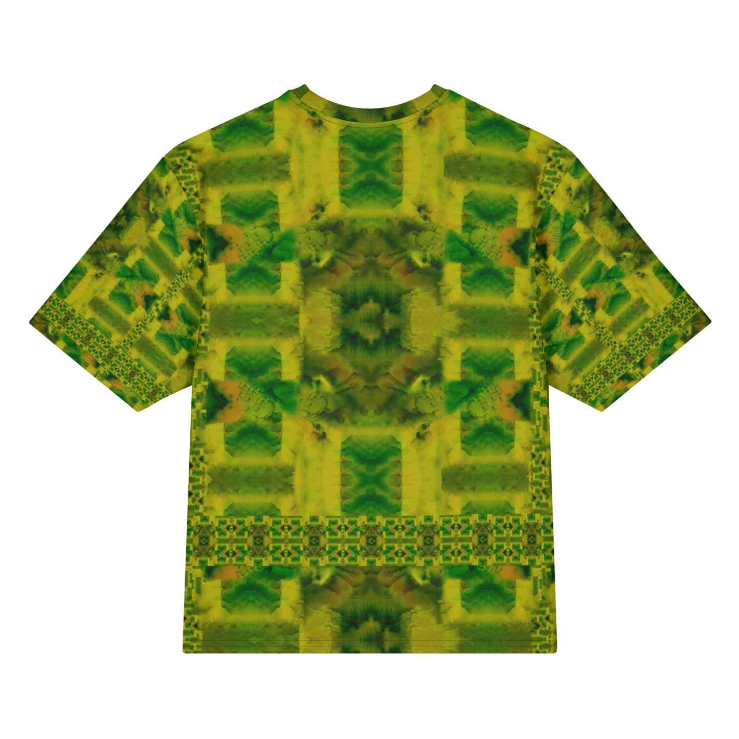 Back view of Purely Jade Light Cotton OverSized T-Shirt with yellow-green block chamber composition and central dark flower medallion and patterned sleeve panels by RJSTH.