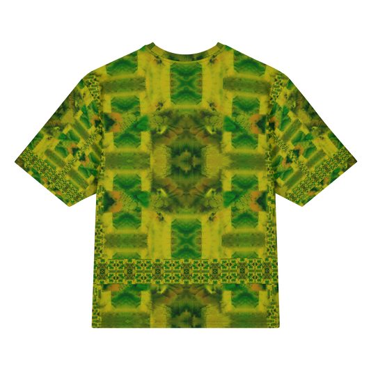 Back view of Purely Jade Light Cotton OverSized T-Shirt with yellow-green block chamber composition and central dark flower medallion and patterned sleeve panels by RJSTH.