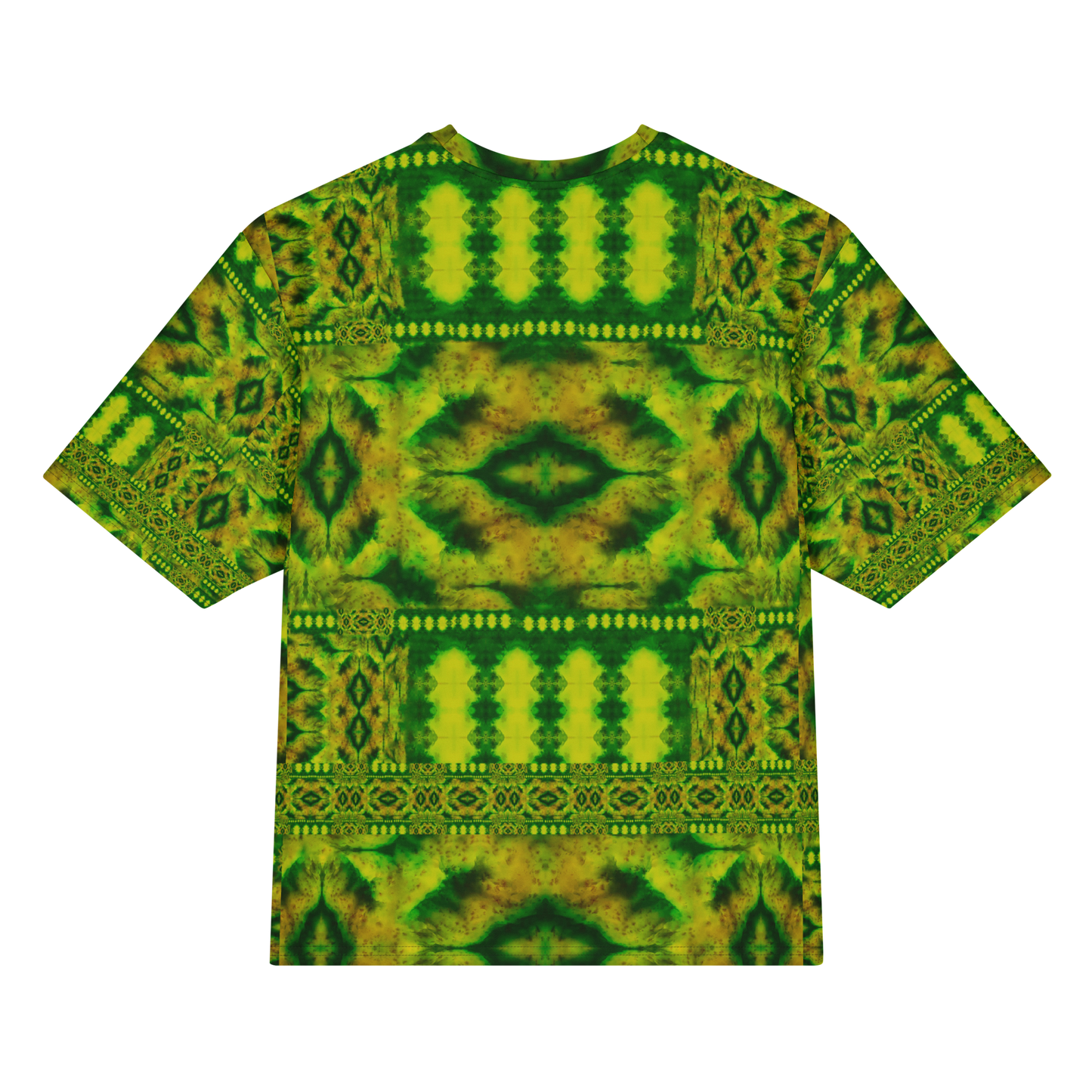 Back view of Purely Jade Light Cotton OverSized T-Shirt with ornate green-yellow horizontal chamber layout and central eye-like medallion and patterned sleeve panels by RJSTH.