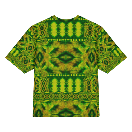 Back view of Purely Jade Light Cotton OverSized T-Shirt with ornate green-yellow horizontal chamber layout and central eye-like medallion and patterned sleeve panels by RJSTH.