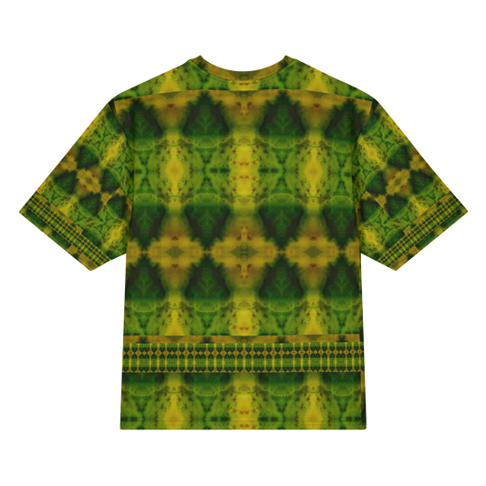 Back view of Purely Jade Light Cotton OverSized T-Shirt with dark green-yellow field, triangular mirrored chamber forms, and lower narrow lattice band and patterned sleeve panels by RJSTH.