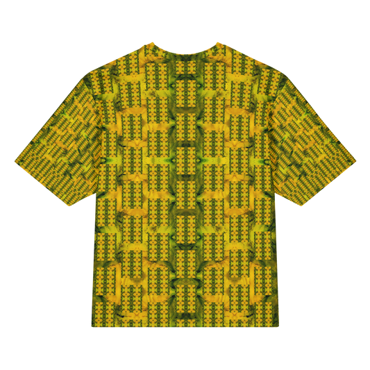Back view of Purely Jade Light Cotton OverSized T-Shirt with yellow-gold rectangular block lattice and green vertical seams and patterned sleeve panels by RJSTH.