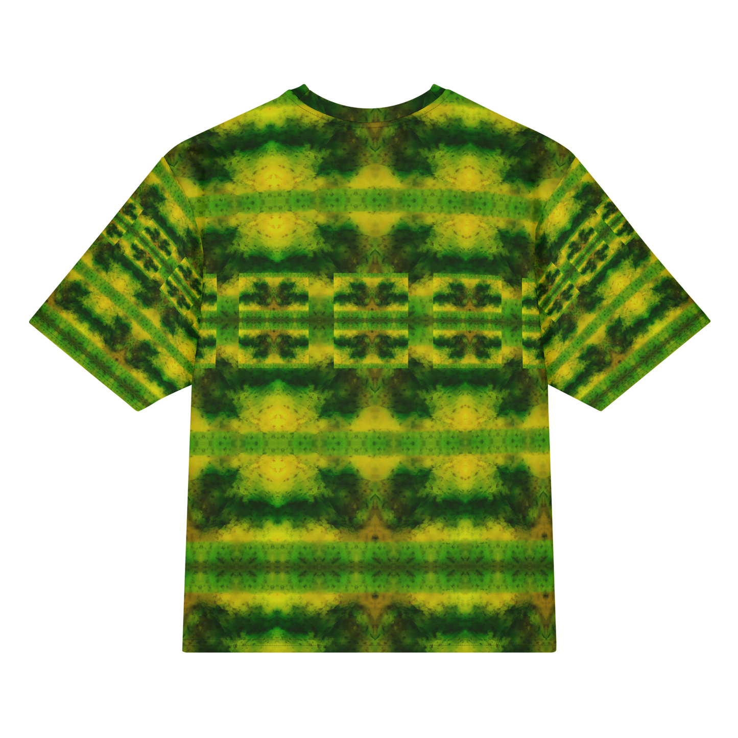 Back view of Purely Jade Light Cotton OverSized T-Shirt with green-yellow broad horizontal bands and darker green bar-like chamber shapes and patterned sleeve panels by RJSTH.