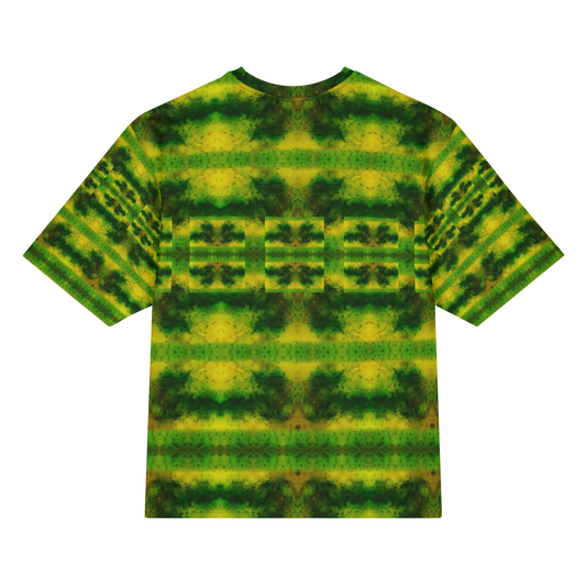 Back view of Purely Jade Light Cotton OverSized T-Shirt with green-yellow broad horizontal bands and darker green bar-like chamber shapes and patterned sleeve panels by RJSTH.