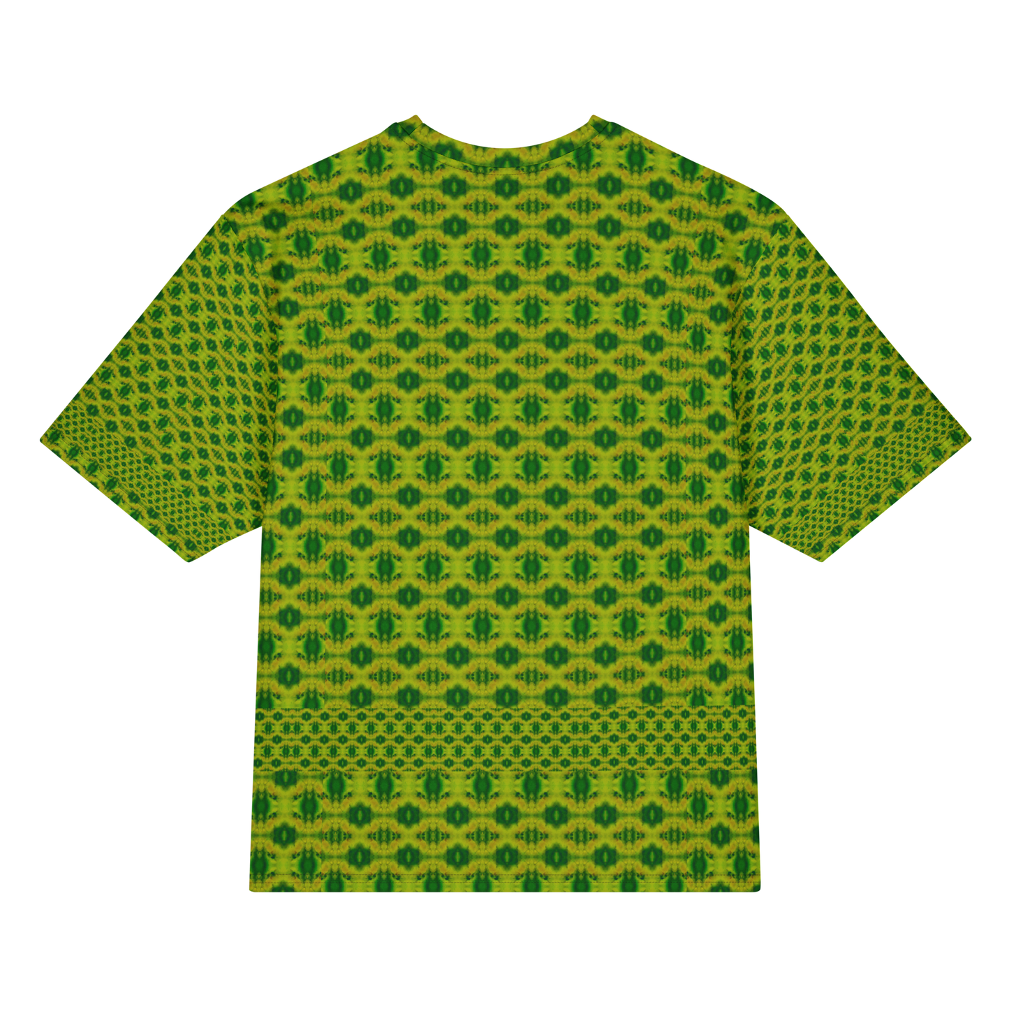 Back view of Purely Jade Light Cotton OverSized T-Shirt with yellow-green regular medallion grid and lower patterned band and patterned sleeve panels by RJSTH.