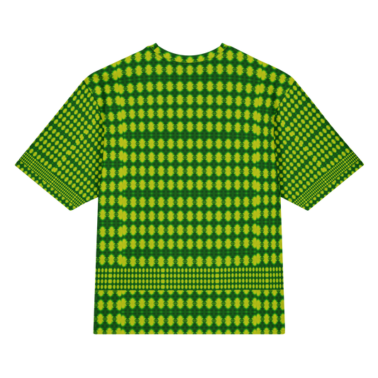 Back view of Purely Jade Light Cotton OverSized T-Shirt with bright green-yellow dotted medallion grid and strong horizontal lower band and patterned sleeve panels by RJSTH.