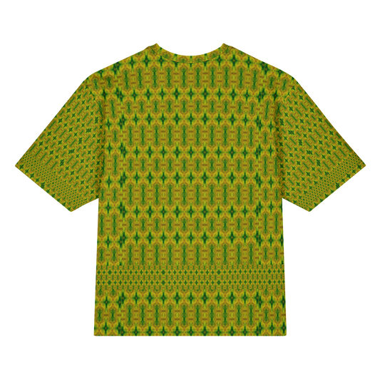 Back view of Purely Jade Light Cotton OverSized T-Shirt with gold-green dense vertical lattice, small spindle forms, and lower patterned band and patterned sleeve panels by RJSTH.