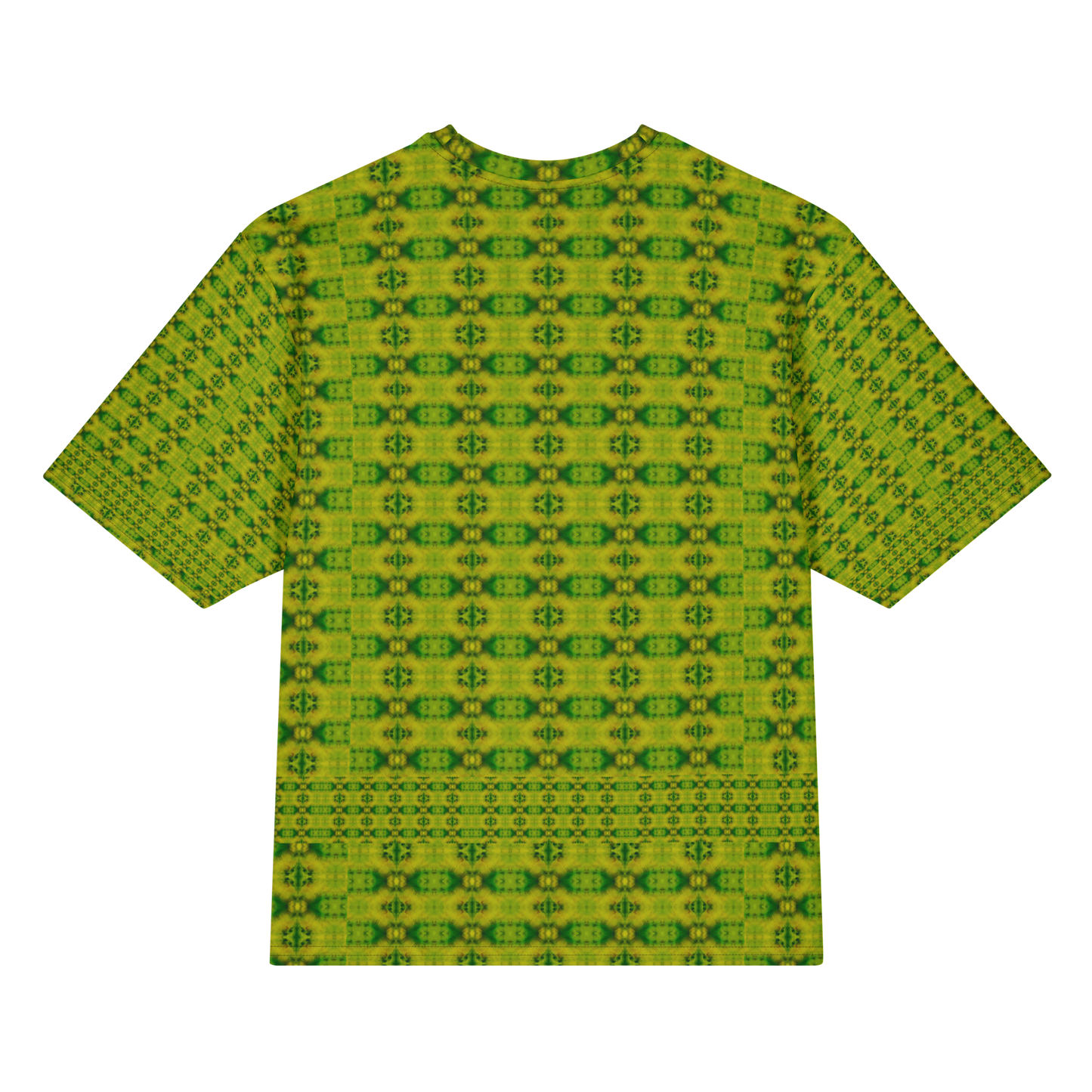 Back view of Purely Jade Light Cotton OverSized T-Shirt with yellow-green vertical small medallion columns and lower lattice band and patterned sleeve panels by RJSTH.
