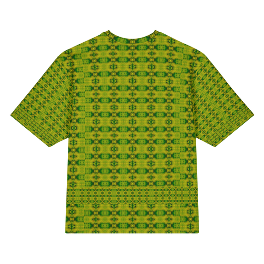 Back view of Purely Jade Light Cotton OverSized T-Shirt with yellow-green vertical small medallion columns and lower lattice band and patterned sleeve panels by RJSTH.