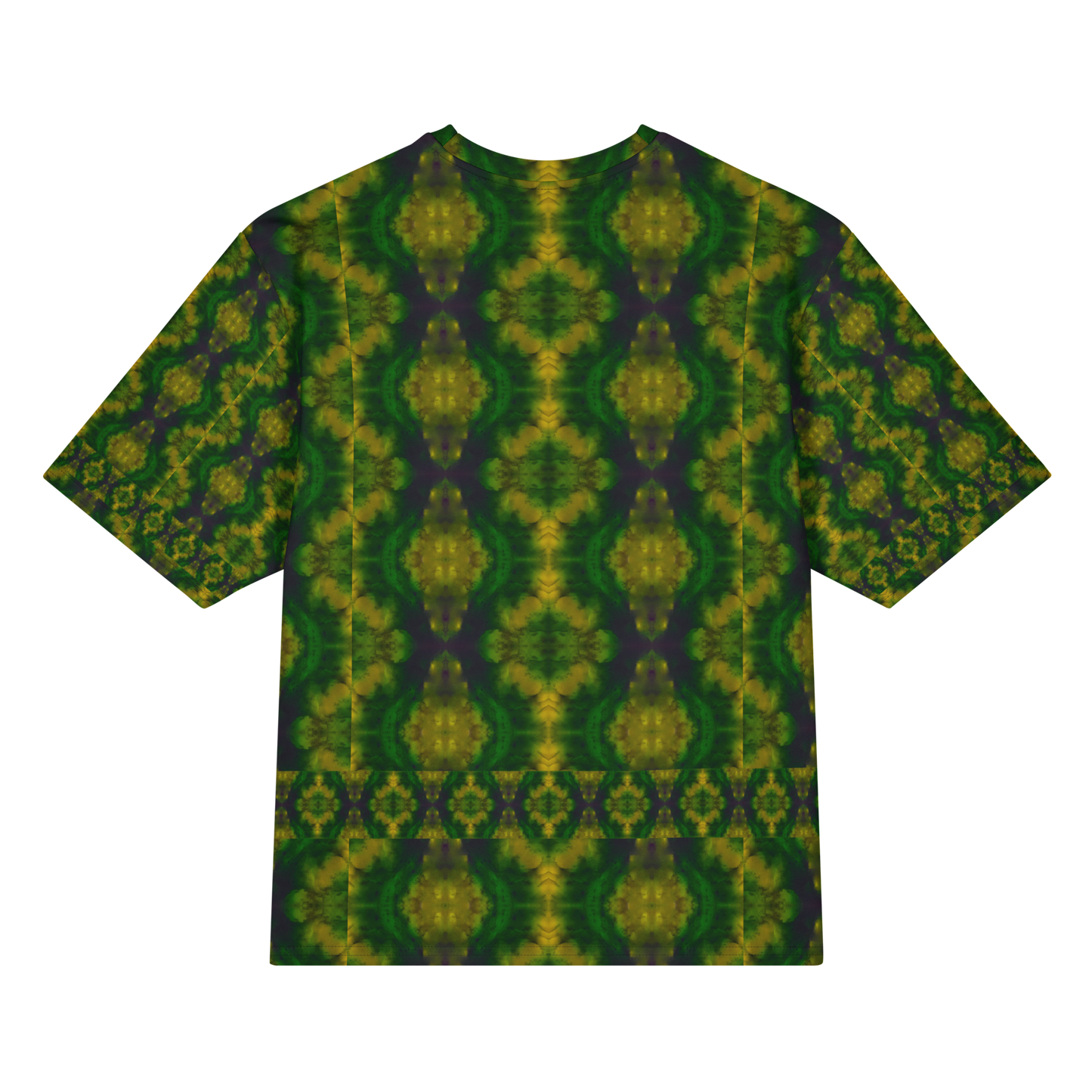 Back view of Purely Jade Light Cotton OverSized T-Shirt with dark green field, large yellow medallion oval forms, and lower horizontal band and patterned sleeve panels by RJSTH.