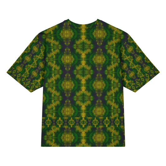 Back view of Purely Jade Light Cotton OverSized T-Shirt with dark green field, large yellow medallion oval forms, and lower horizontal band and patterned sleeve panels by RJSTH.