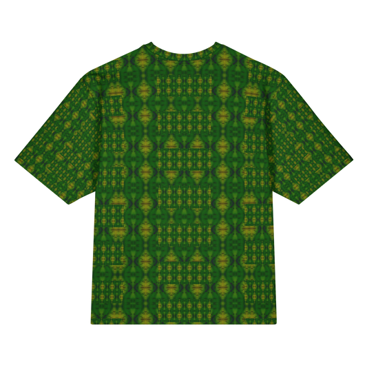 Back view of Purely Jade Light Cotton OverSized T-Shirt with green-dominant vertical lattice columns and small yellow medallions and patterned sleeve panels by RJSTH.