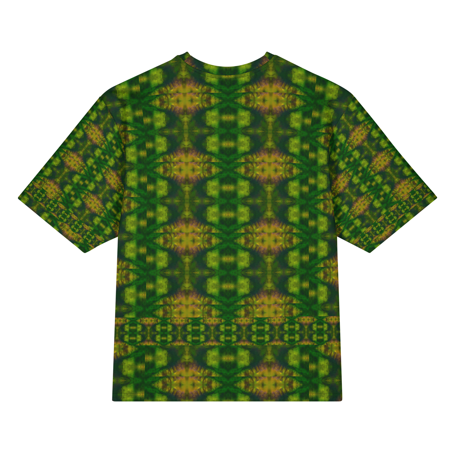 Back view of Purely Jade Light Cotton OverSized T-Shirt with dark green mirrored field, gold-orange central seams, and medallion rows and patterned sleeve panels by RJSTH.