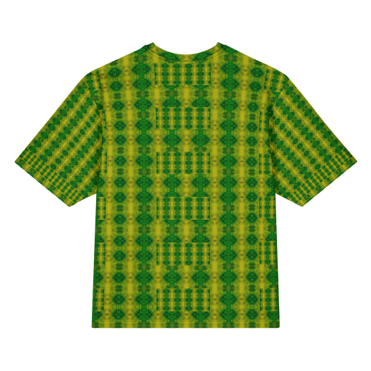 Back view of Purely Jade Light Cotton OverSized T-Shirt with green-yellow vertical column pattern and dark green diamond medallion motifs and patterned sleeve panels by RJSTH.