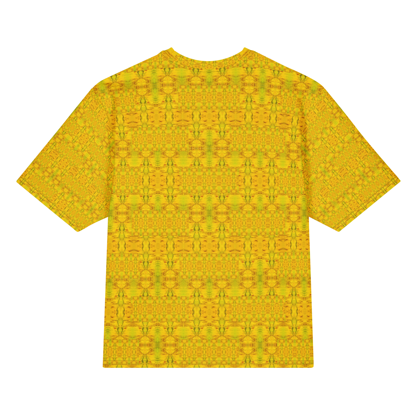Back view of Purely Jade Light Cotton OverSized T-Shirt with gold-dominant yellow jade field, fine green vertical lattice, and subtle horizontal bands and patterned sleeve panels by RJSTH.