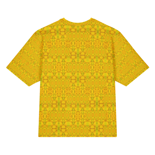 Back view of Purely Jade Light Cotton OverSized T-Shirt with gold-dominant yellow jade field, fine green vertical lattice, and subtle horizontal bands and patterned sleeve panels by RJSTH.