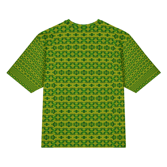 Back view of Purely Jade Light Cotton OverSized T-Shirt with bright yellow-green small medallion lattice field and patterned sleeve panels by RJSTH.