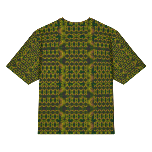 Back view of Purely Jade Light Cotton OverSized T-Shirt with dark green and gold vertical small medallion rows with darker side columns and patterned sleeve panels by RJSTH.