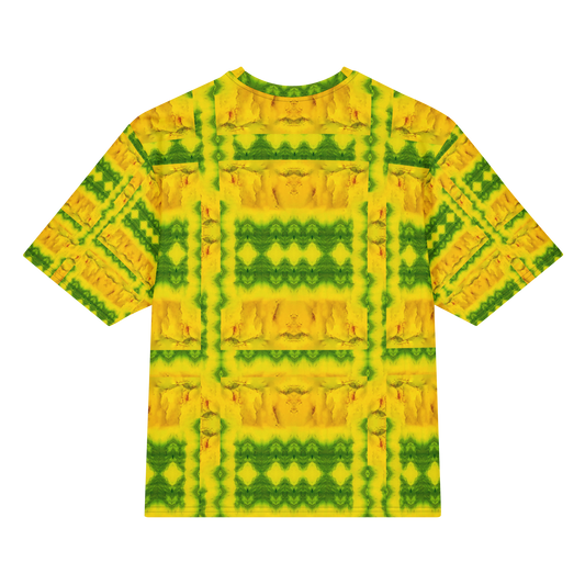 Back view of Purely Jade Light Cotton OverSized T-Shirt with bright yellow-gold rectangular chamber composition and green banding and patterned sleeve panels by RJSTH.