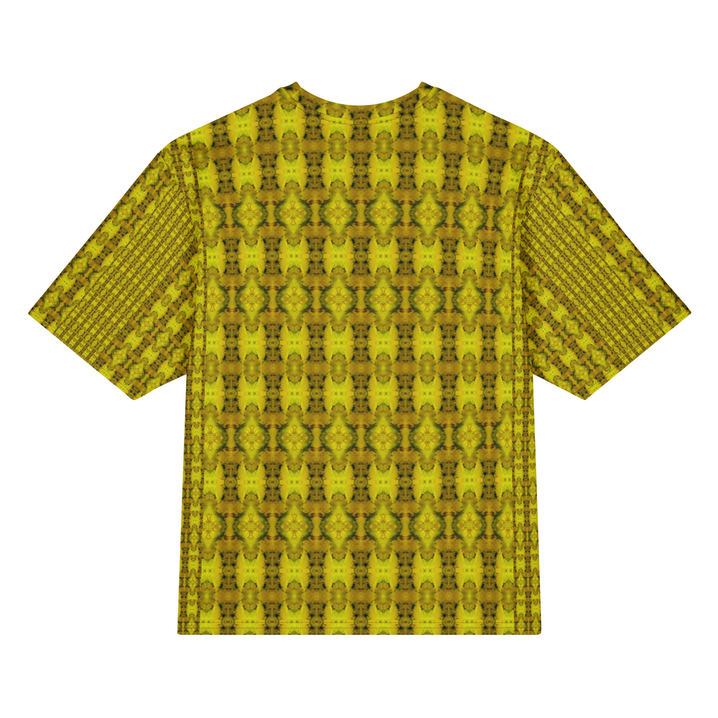 Back view of Purely Jade Light Cotton OverSized T-Shirt with gold-dominant dense medallion chamber repeat and patterned sleeve panels by RJSTH.