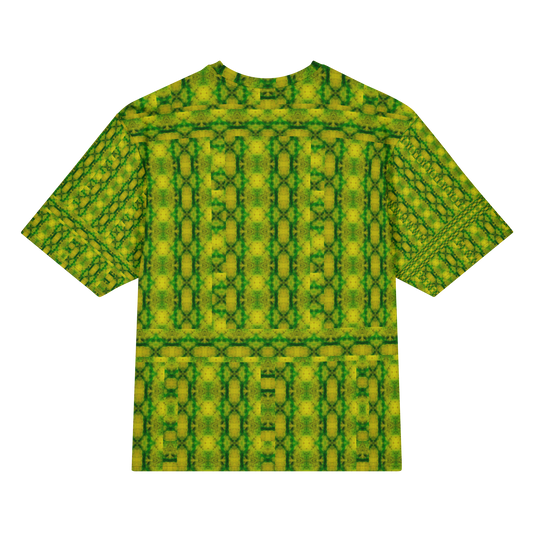 Back view of Purely Jade Light Cotton OverSized T-Shirt with green-and-gold vertical jade lattice columns, diagonal sleeve panels, and a broad horizontal chamber band by RJSTH.