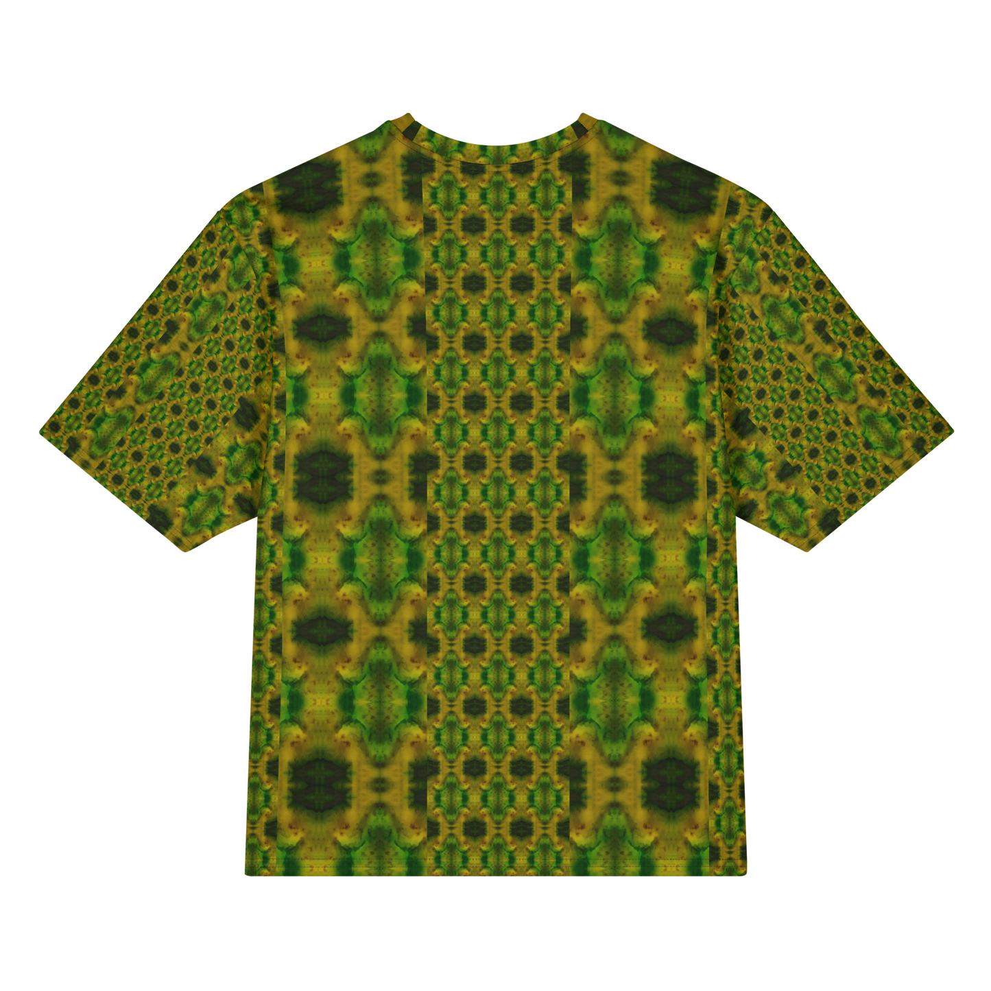 Back view of Purely Jade Light Cotton OverSized T-Shirt with green-yellow vertical composition, central small medallion column, and darker side panels and patterned sleeve panels by RJSTH.