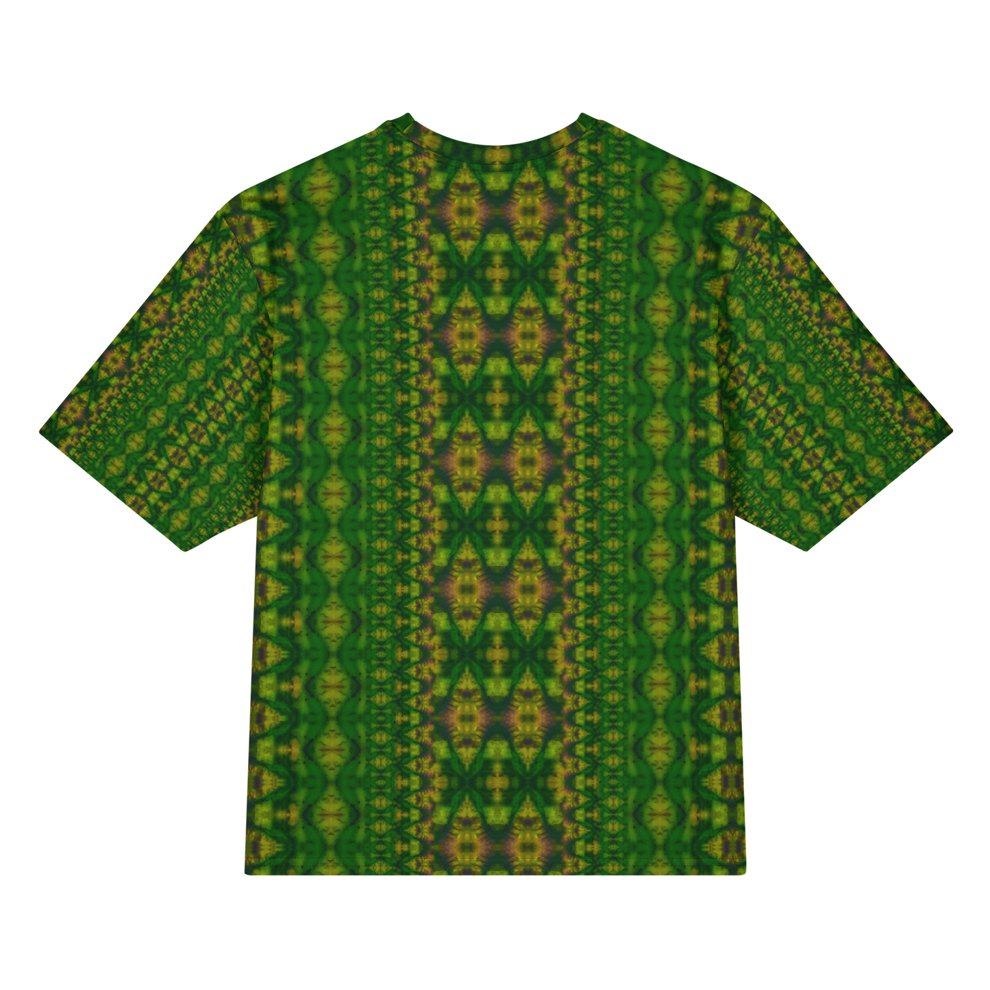 Back view of Purely Jade Light Cotton OverSized T-Shirt with dark green vertical lattice columns, yellow medallion highlights, and central mirrored column and patterned sleeve panels by RJSTH.