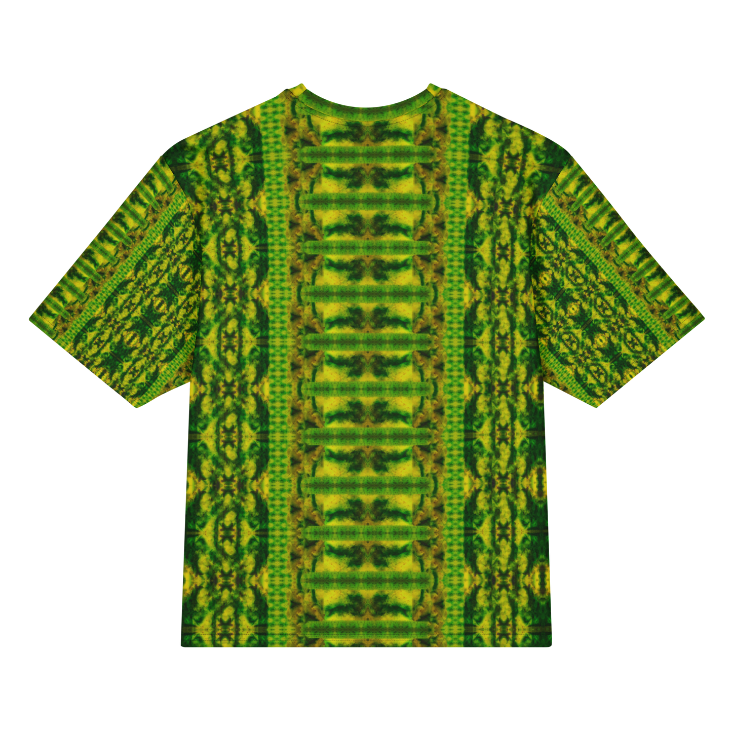 Back view of Purely Jade Light Cotton OverSized T-Shirt with green-yellow vertical panel layout, broad ladder-like central chamber band, and dense side lattice and patterned sleeve panels by RJSTH.