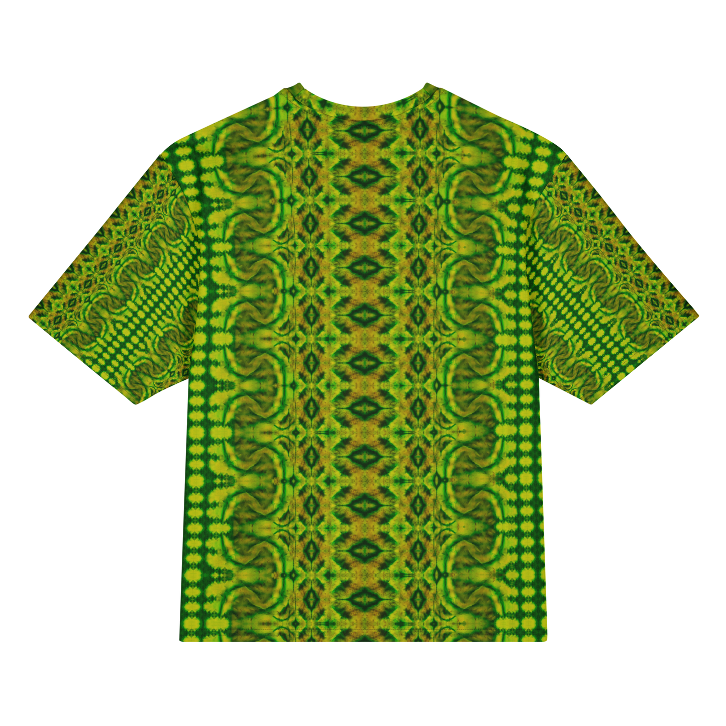 Back view of Purely Jade Light Cotton OverSized T-Shirt with green-yellow ornate vertical lattice, wavy borders, and a central medallion diamond column and patterned sleeve panels by RJSTH.