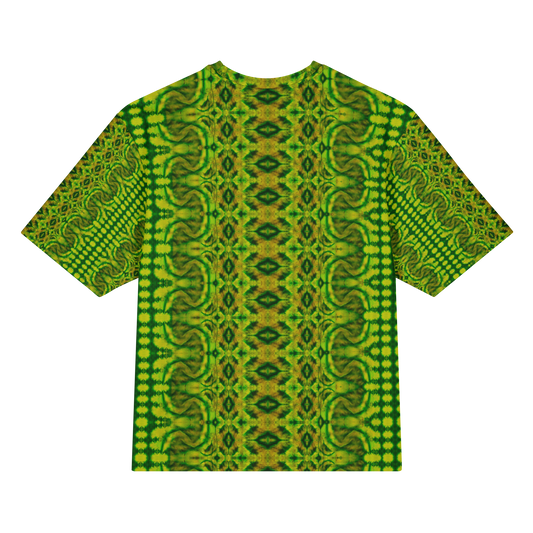 Back view of Purely Jade Light Cotton OverSized T-Shirt with green-yellow ornate vertical lattice, wavy borders, and a central medallion diamond column and patterned sleeve panels by RJSTH.