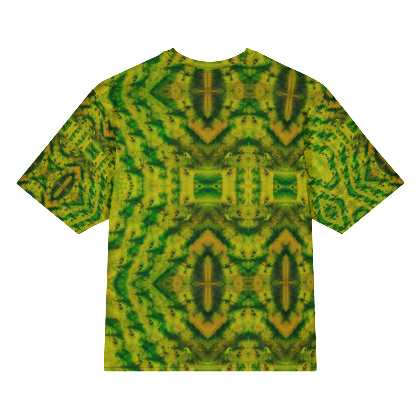 Back view of Purely Jade Light Cotton OverSized T-Shirt with yellow-green mirrored field, centered rectangular chamber forms, and vertical diamond motifs and patterned sleeve panels by RJSTH.