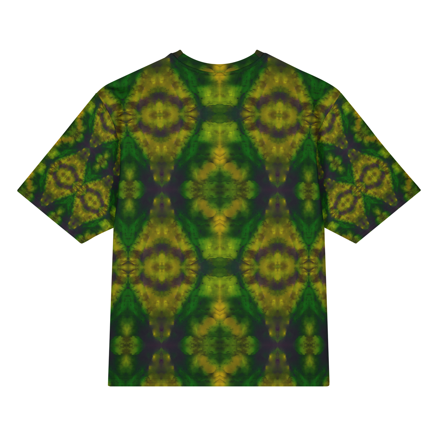 Back view of Purely Jade Light Cotton OverSized T-Shirt with dark green mirrored field and large yellow-green circular bloom medallions and patterned sleeve panels by RJSTH.