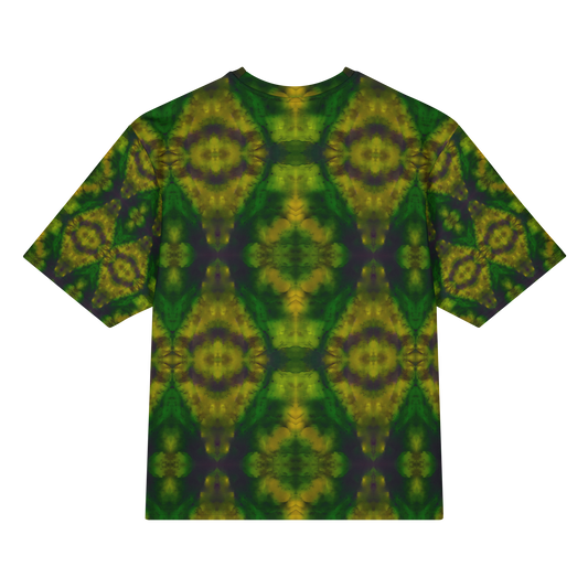 Back view of Purely Jade Light Cotton OverSized T-Shirt with dark green mirrored field and large yellow-green circular bloom medallions and patterned sleeve panels by RJSTH.