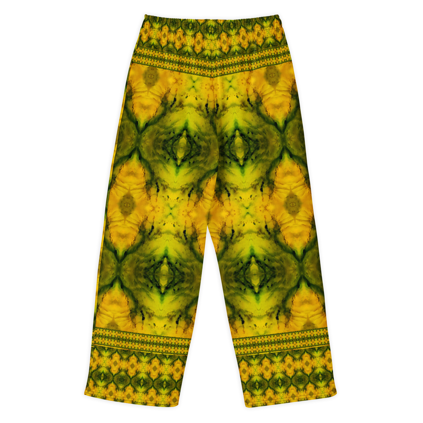 Back view of Purely Jade Light cotton wide leg trousers with elastic waistband and gold-and-green jade print with large diamond medallions and patterned bands by River Jade Smithy.