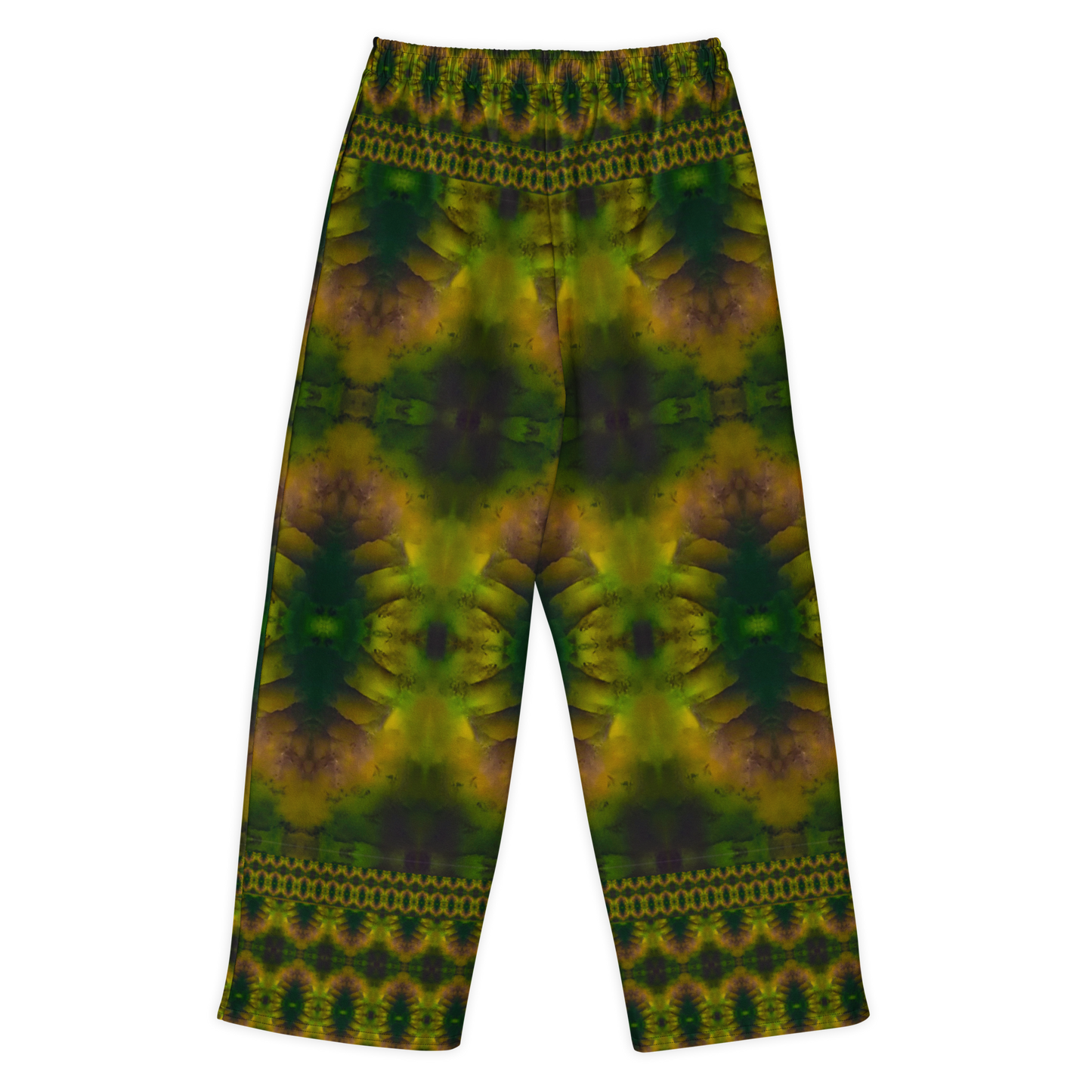 Back view of Purely Jade Light cotton wide leg trousers with elastic waistband and deep green-and-gold jade print with plum-shadowed large medallions by River Jade Smithy.