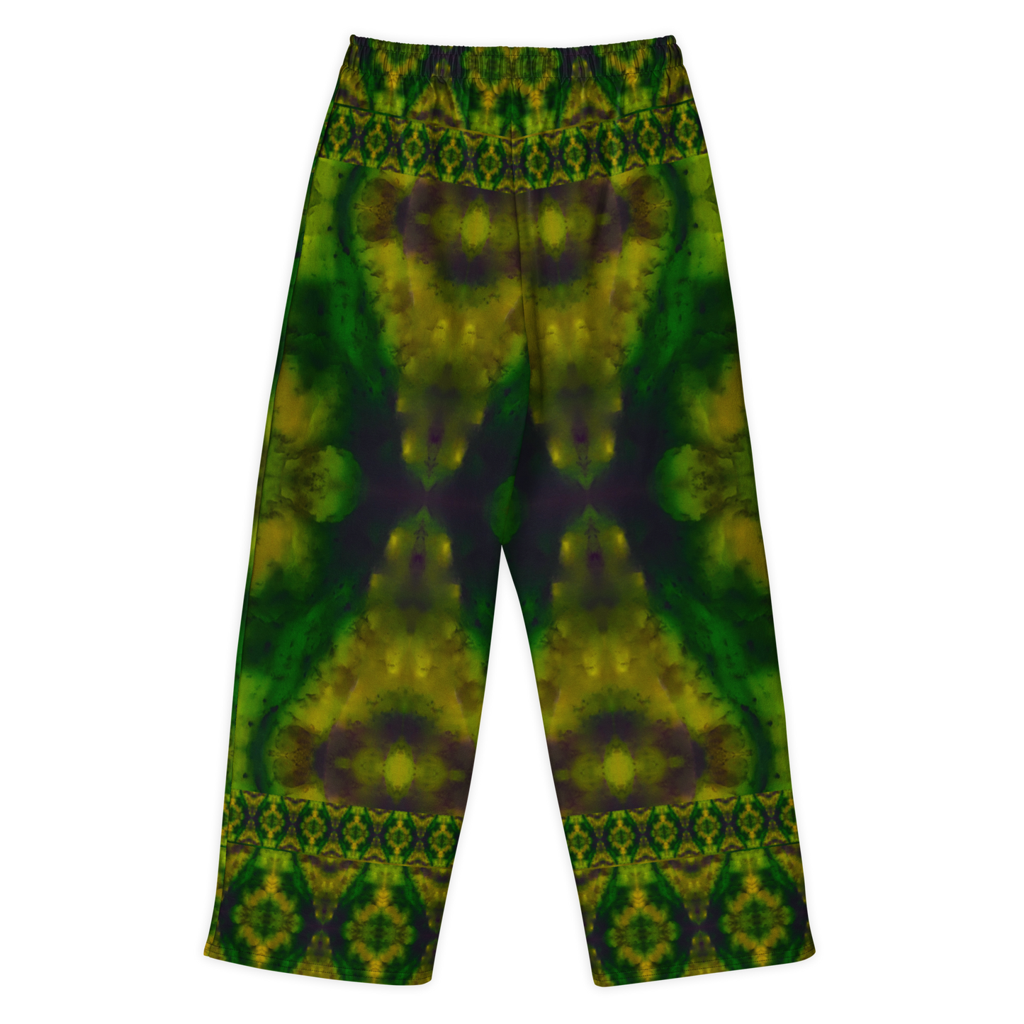 Back view of Purely Jade Light cotton wide leg trousers with elastic waistband and deep green jade print with plum-shadowed central mineral shapes by River Jade Smithy.