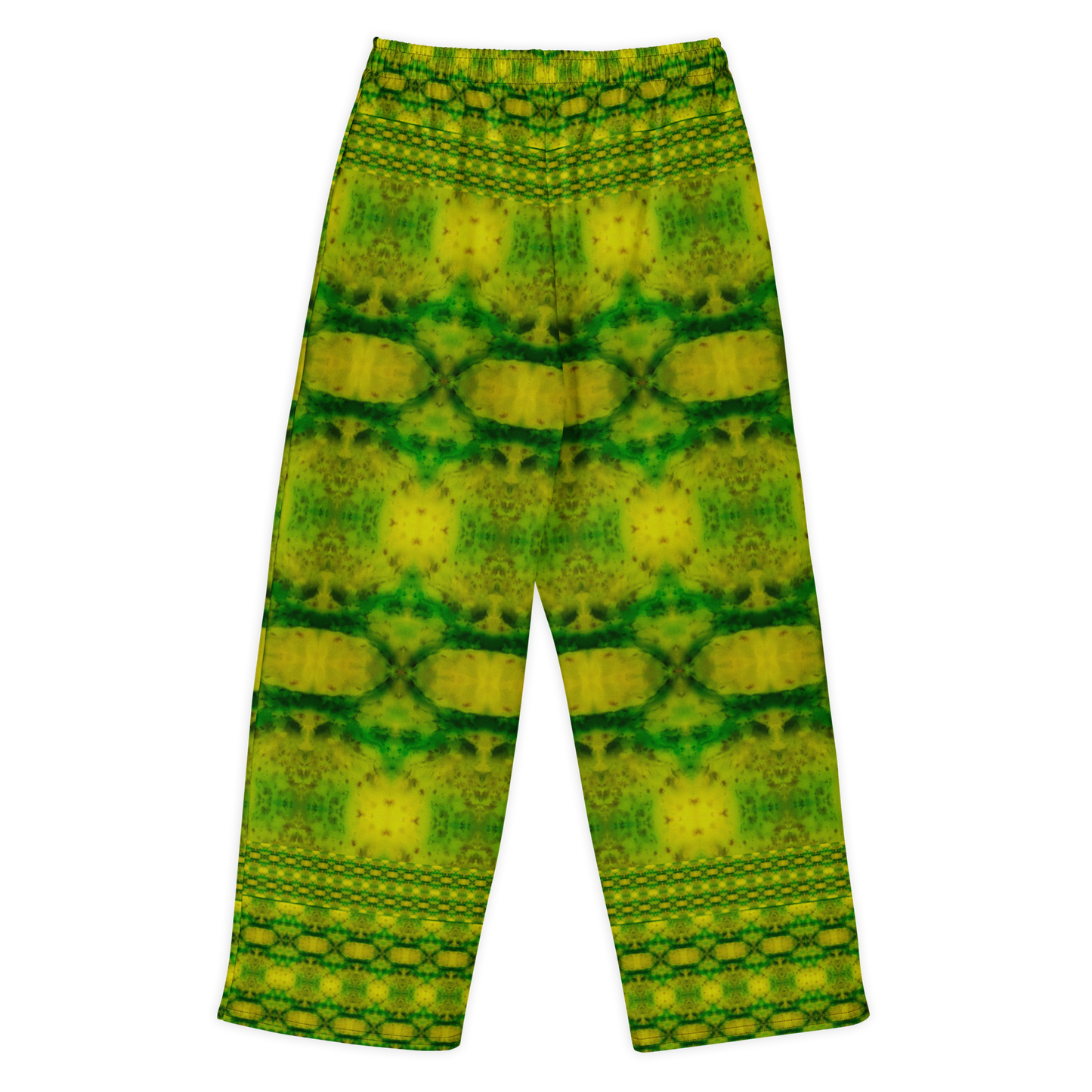 Back view of Purely Jade Light cotton wide leg trousers with elastic waistband and green-and-gold mirrored jade print with soft horizontal chamber bands by River Jade Smithy.
