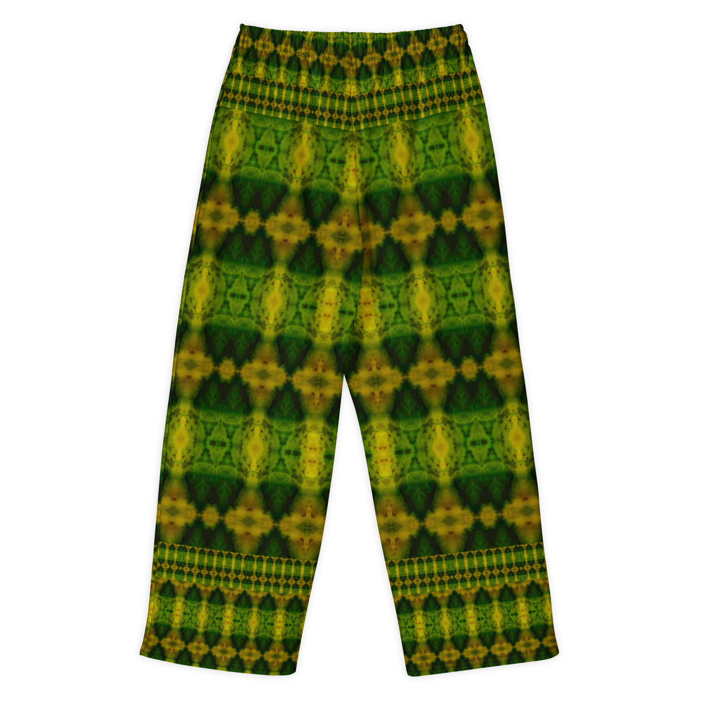 Back view of Purely Jade Light cotton wide leg trousers with elastic waistband and green-and-gold repeat print with small chambered medallions by River Jade Smithy.